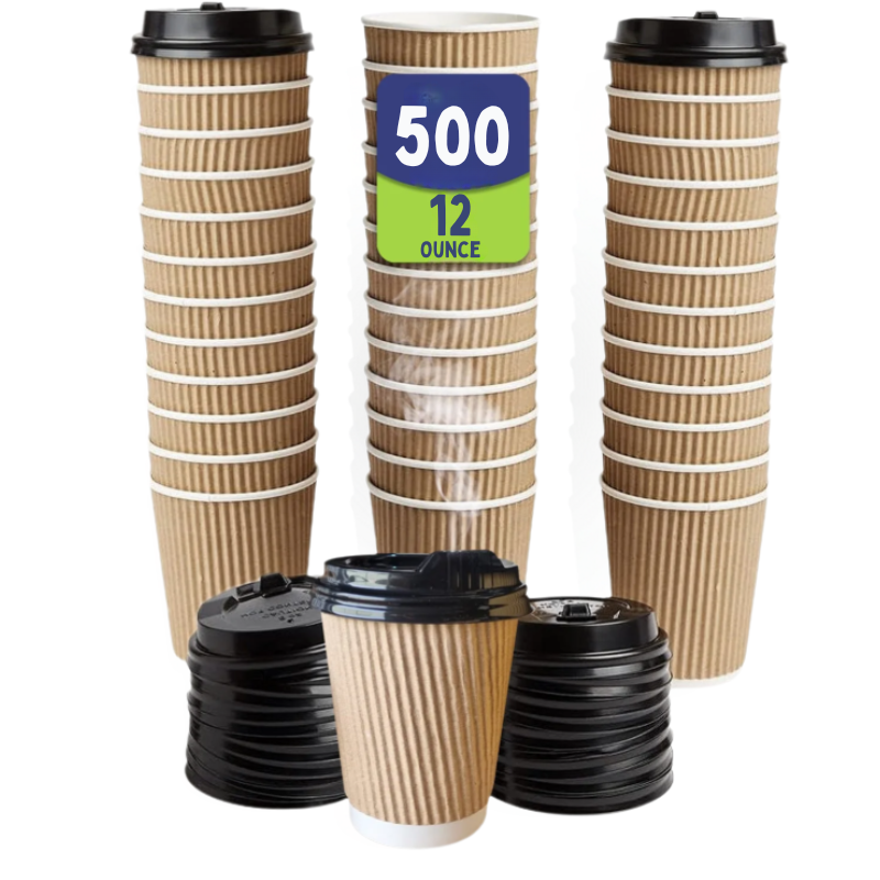 Kraft Ripple Wall Brown Paper Cups with Black Lids –4oz/8oz/12oz (500 & 1000 Pcs)
