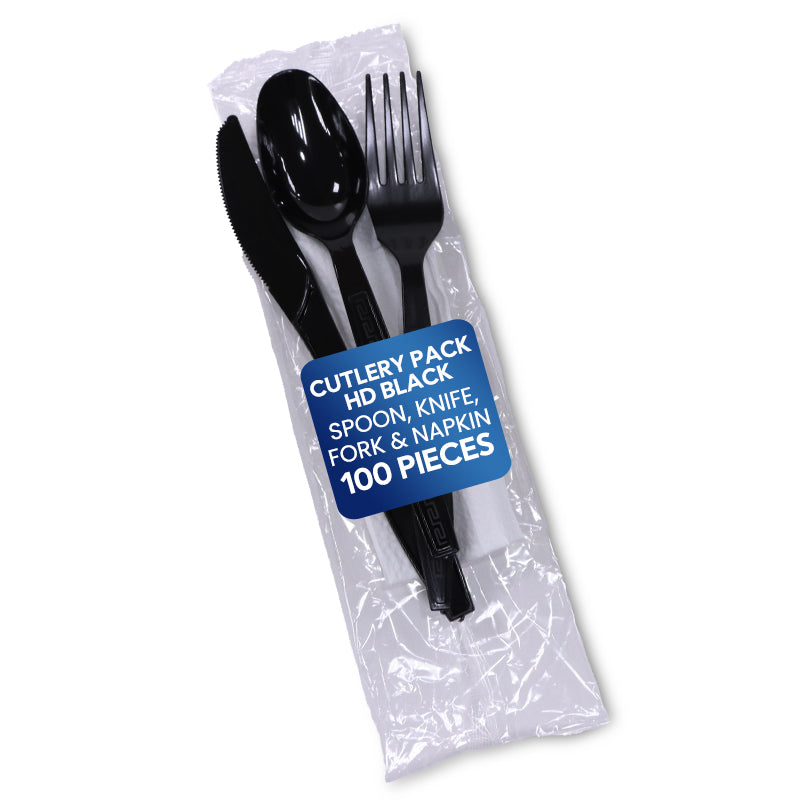 Cutlery Pack HD Black (Spoon, Knife, Fork & Napkin) | Disposable Tableware Set