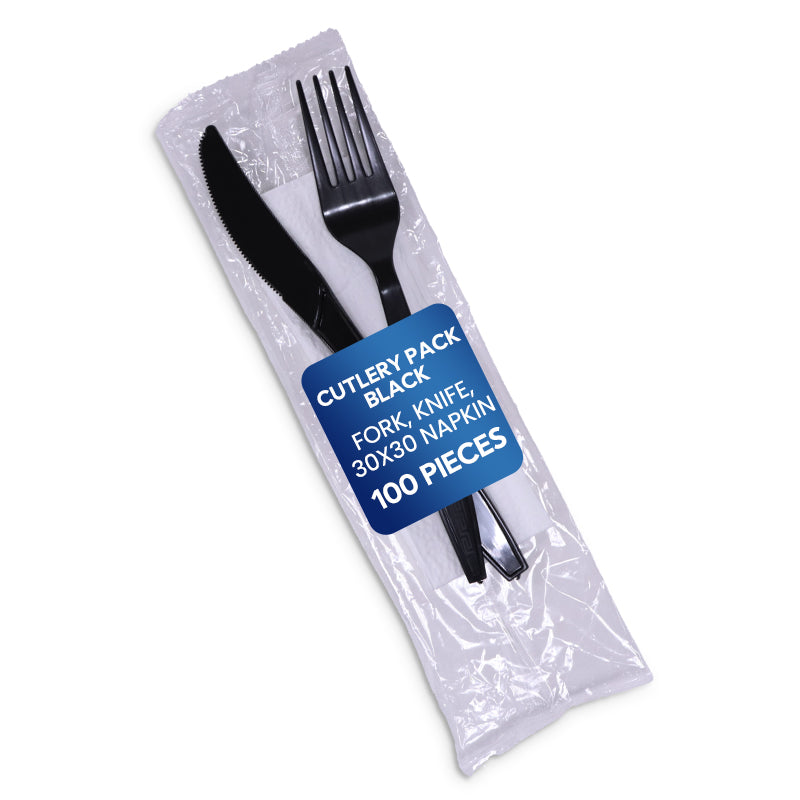 Cutlery Pack Black (Fork, Knife & 30x30 Napkin) | Disposable Tableware Set