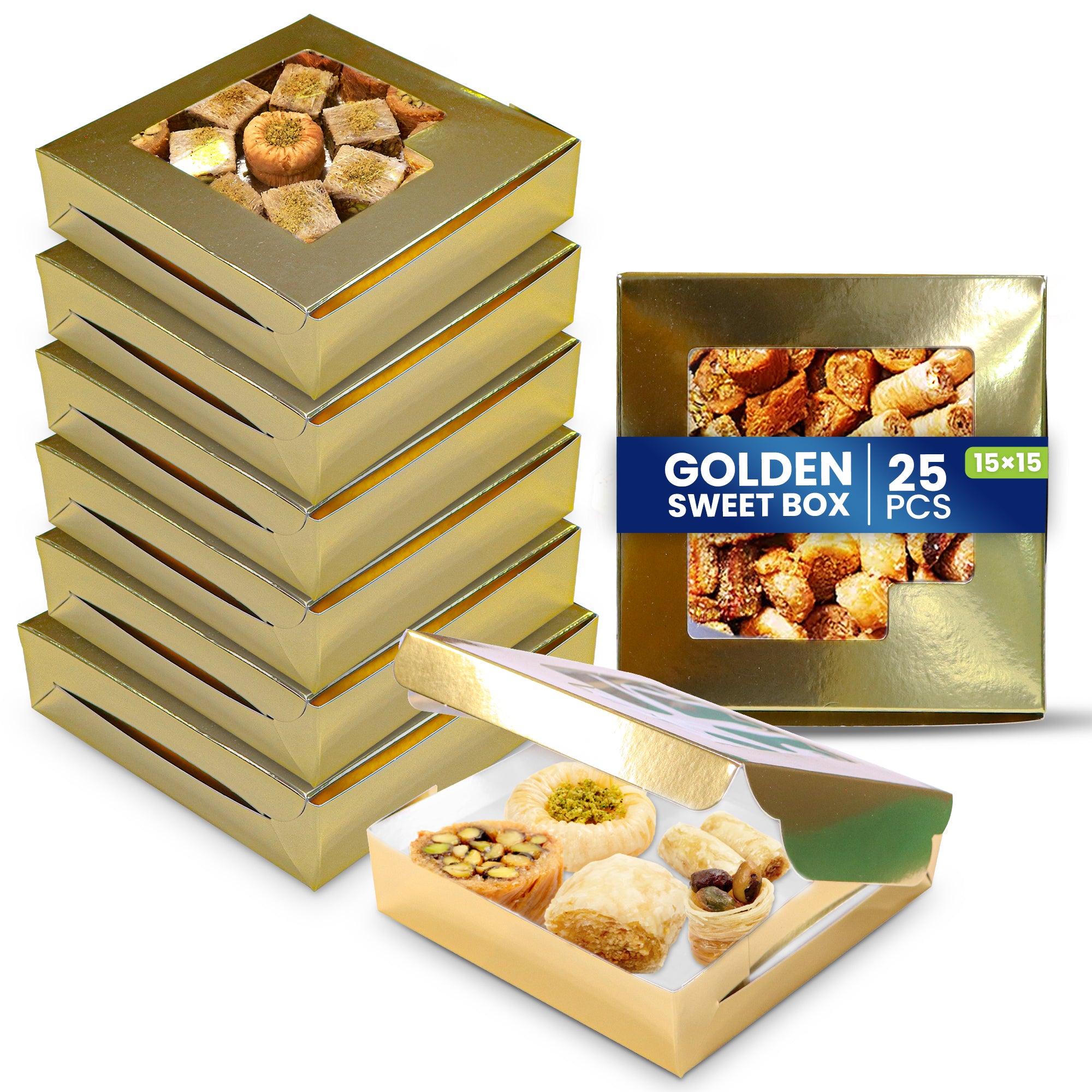 Paper Sweet Box Gold/White with Window – Multiple Sizes