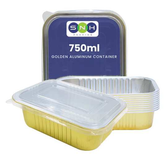 Aluminium Golden Food Containers with PP Lids – 320ml, 750ml & 930ml | Disposable Takeaway & Catering Boxes