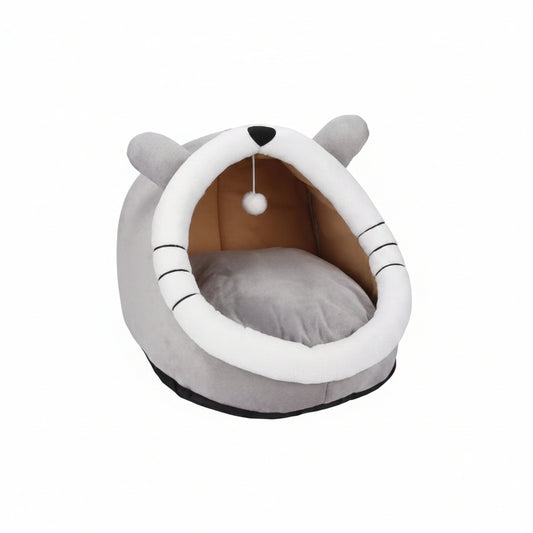 Grizzly Hungry Cat Cave Grey Plush + Cotton Grey Cat Bed - Large 45 x 45 x40cm