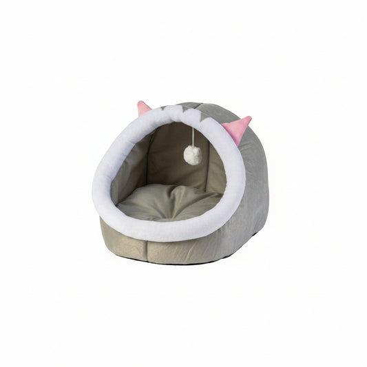 Grizzly Cat Cave Grey Plush + Cotton Grey Cat Bed - Large 45 x 45 x 40cm