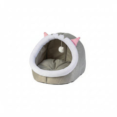 Grizzly Cat Cave Grey Plush + Cotton Grey Cat Bed - Large 45 x 45 x 40cm