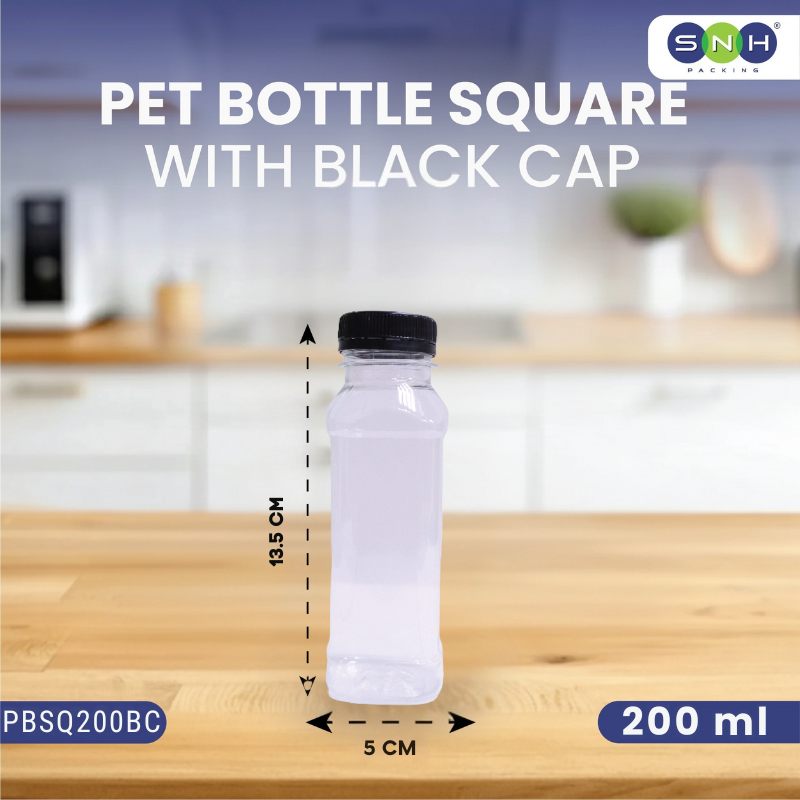 PET Bottles with Caps – Square | Multiple Sizes | Clear, Food-Grade & Leak-Proof Beverage Bottles (Black & White Caps Available)