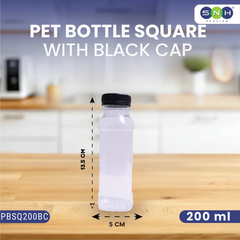 PET Bottles with Caps – Square | Multiple Sizes | Clear, Food-Grade & Leak-Proof Beverage Bottles (Black & White Caps Available)
