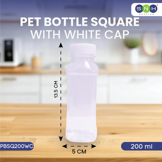 Square PET Bottles with Black or White Caps – Clear Food-Grade Plastic Beverage Bottles | Leak-Proof, Reusable & Available in Bulk Packs (200ml–1500ml)