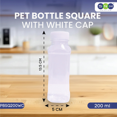PET Bottles with Caps – Square | Multiple Sizes | Clear, Food-Grade & Leak-Proof Beverage Bottles (Black & White Caps Available)