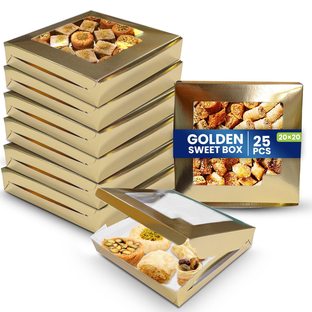 Paper Sweet Box Gold/White with Window – Multiple Sizes
