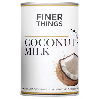 A can of Finer Things Organic Coconut Milk on a plain white background, featuring a white label with black text and a graphic of a halved coconut.