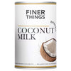 A can of Finer Things Organic Coconut Milk on a plain white background, featuring a white label with black text and a graphic of a halved coconut.