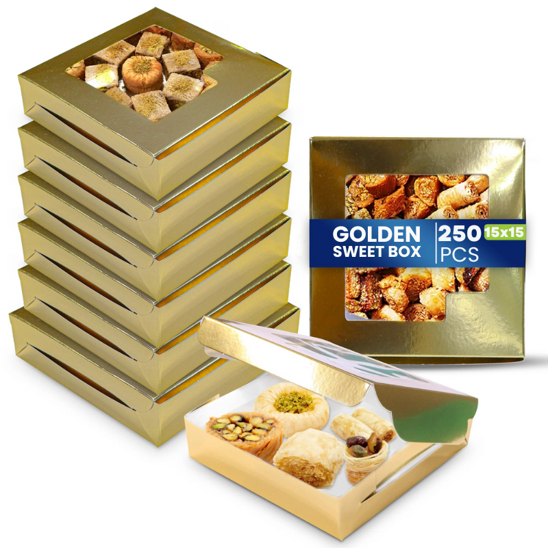 Paper Sweet Box with Window – Gold/White | Multiple Sizes | 250 Pcs Pack
