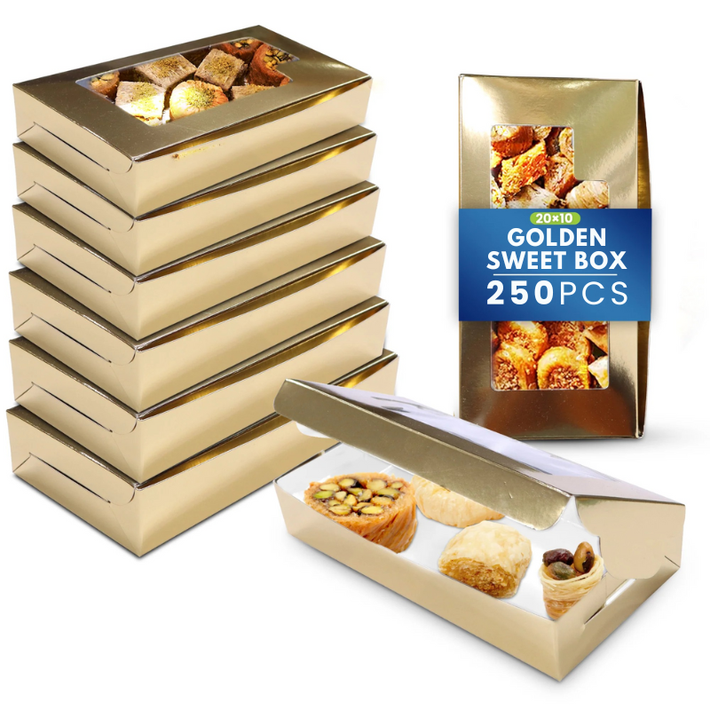 Paper Sweet Box with Window – Gold/White | Multiple Sizes | 250 Pcs Pack