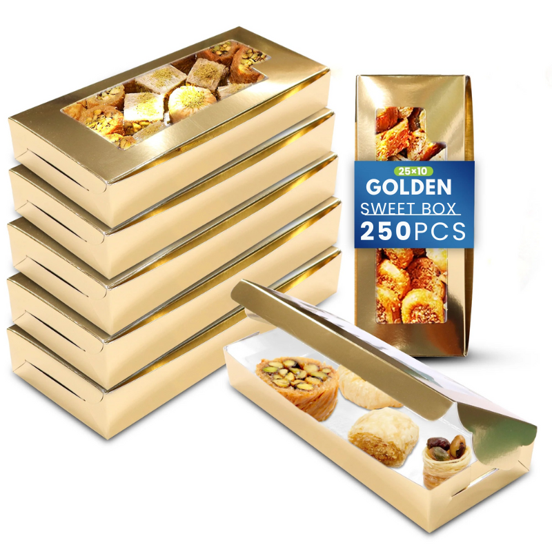 Paper Sweet Box with Window – Gold/White | Multiple Sizes | 250 Pcs Pack