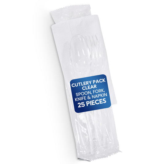 Cutlery Pack Clear (Spoon, Fork, Knife & Napkin) | Disposable Tableware Set