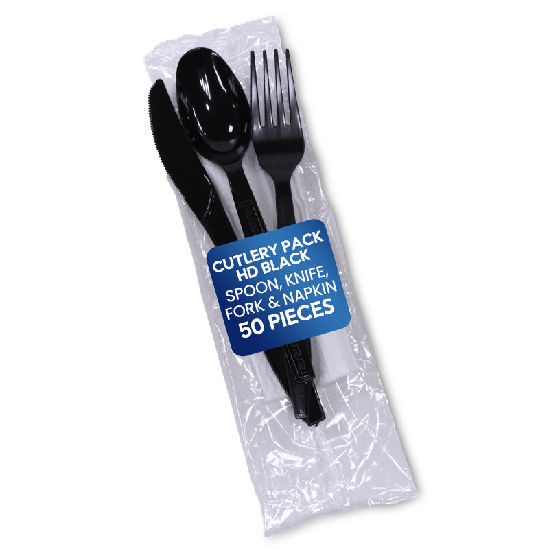 Cutlery Pack HD Black (Spoon, Knife, Fork & Napkin) | Disposable Tableware Set