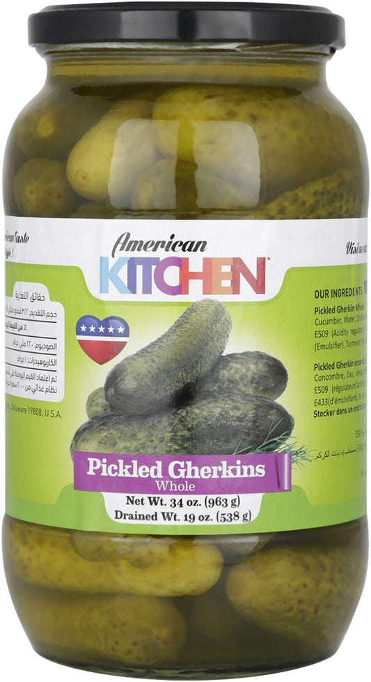 AMERICAN KITCHEN PICKLED GHERKINS WHOLE, 12 X 34OZ (963 GM)