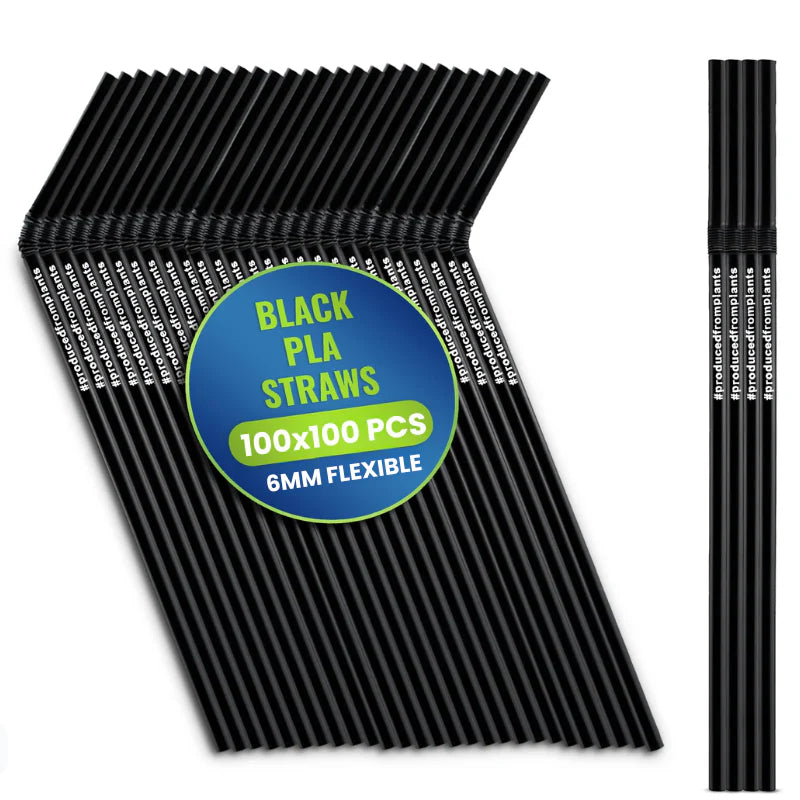 PLA Straws Black Flexible 6MM & 8MM – Biodegradable Drinking Straws (200MM, 100 Pieces x 100 Packets)