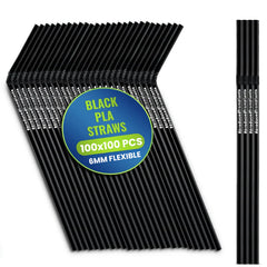 PLA Straws Black Flexible 6MM & 8MM – Biodegradable Drinking Straws (200MM, 100 Pieces x 100 Packets)