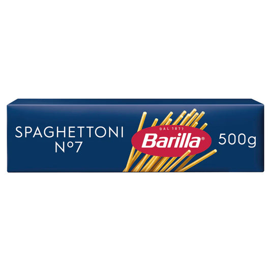 A 500g box of Barilla Spaghettoni N°7 pasta on a plain white background.