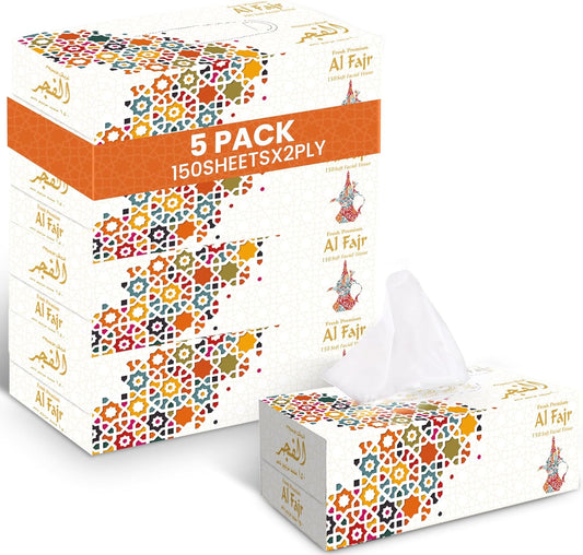 Al Fajr Facial Tissue – 150 Sheets, 2-Ply | Soft & Strong Facial Tissue | 5 Boxes