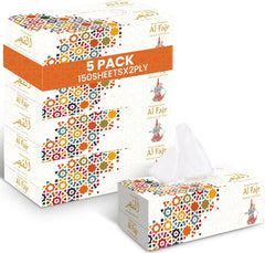 Al Fajr Facial Tissue – 150 Sheets, 2-Ply | Soft & Strong Facial Tissue | 5 Boxes