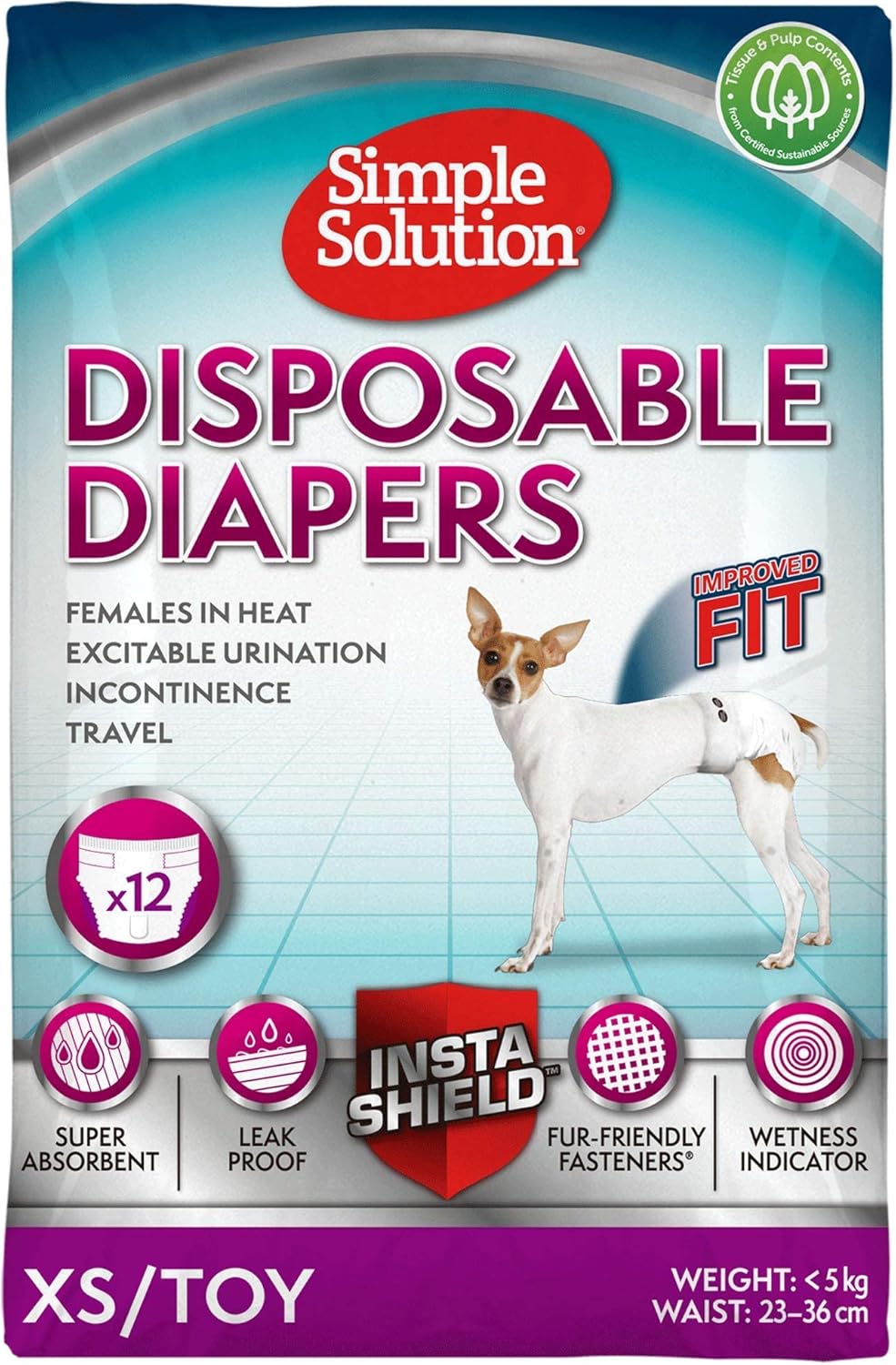 Simple Solution Improved Fit Disposable Female Dog Diapers, White, X-Small, Pack of 1 (12 Pieces)