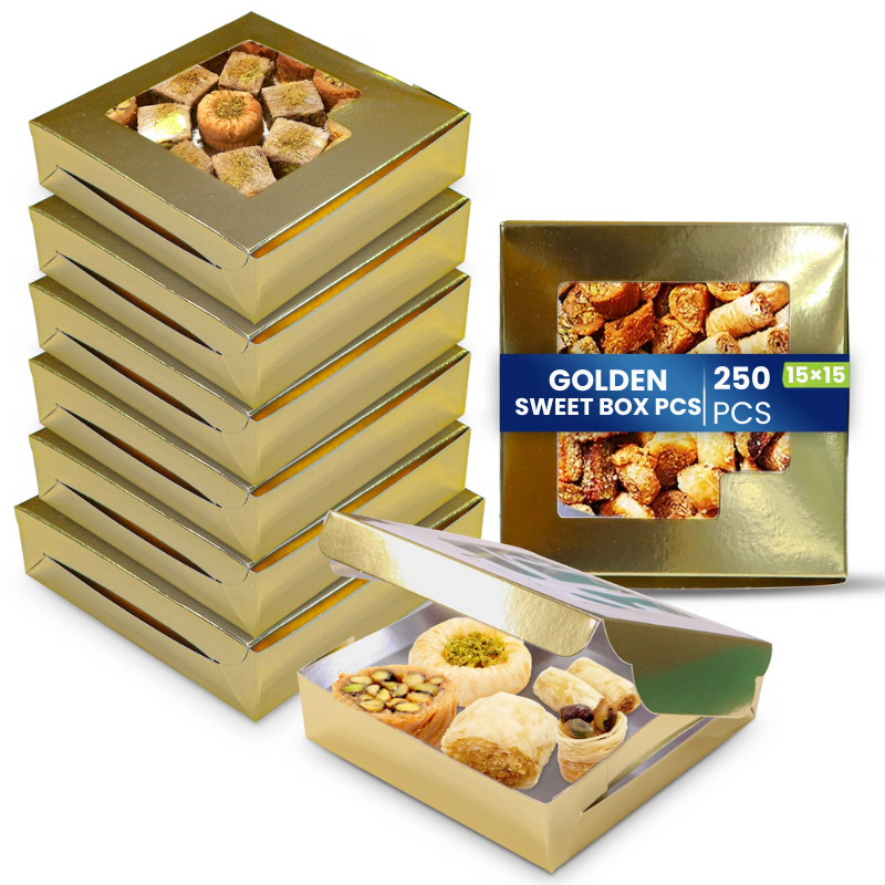 Paper Sweet Box with Window – Gold/Aluminium | Multiple Sizes | 250 Pcs Pack
