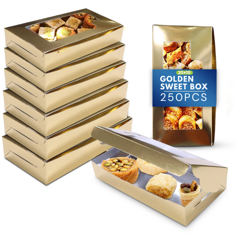 Paper Sweet Box with Window – Gold/Aluminium | Multiple Sizes | 250 Pcs Pack