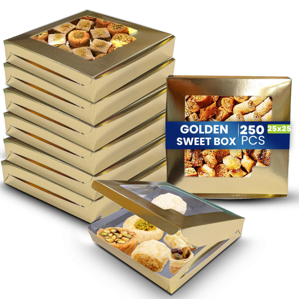 Paper Sweet Box with Window – Gold/Aluminium | Multiple Sizes | 250 Pcs Pack
