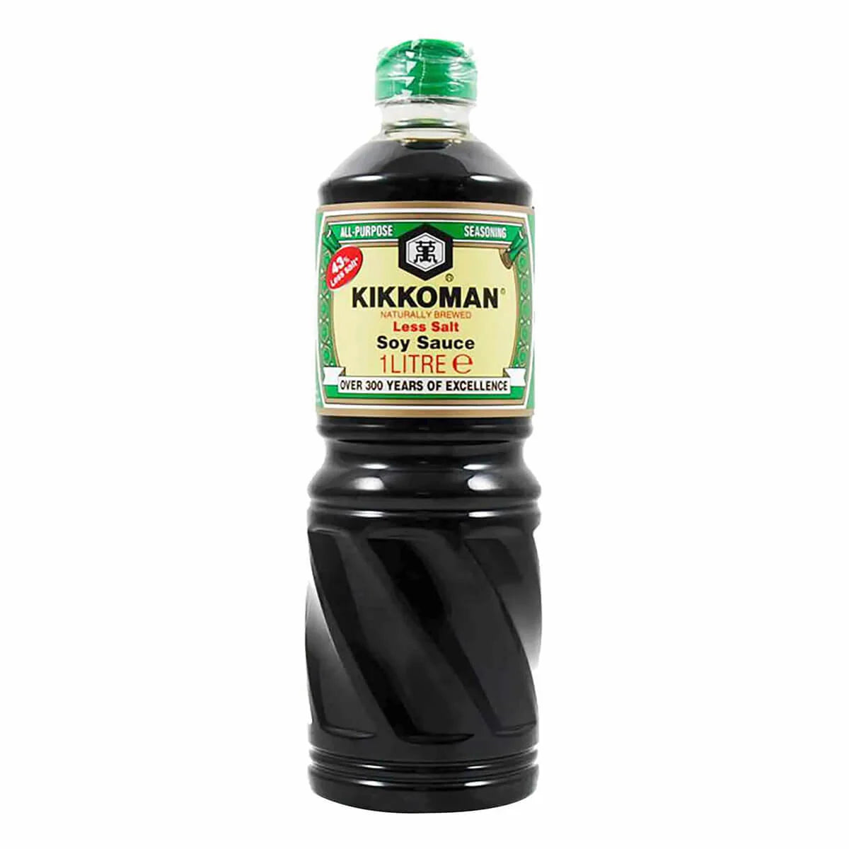 A 1-litre plastic bottle of Kikkoman Low Salt Soy Sauce with a green cap and a cream-colored label, shown on a plain white background.