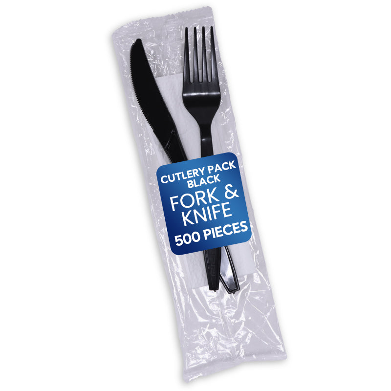 Cutlery Pack Black (Fork & Knife) – Disposable Wrapped Set (1 x 500 Pieces)