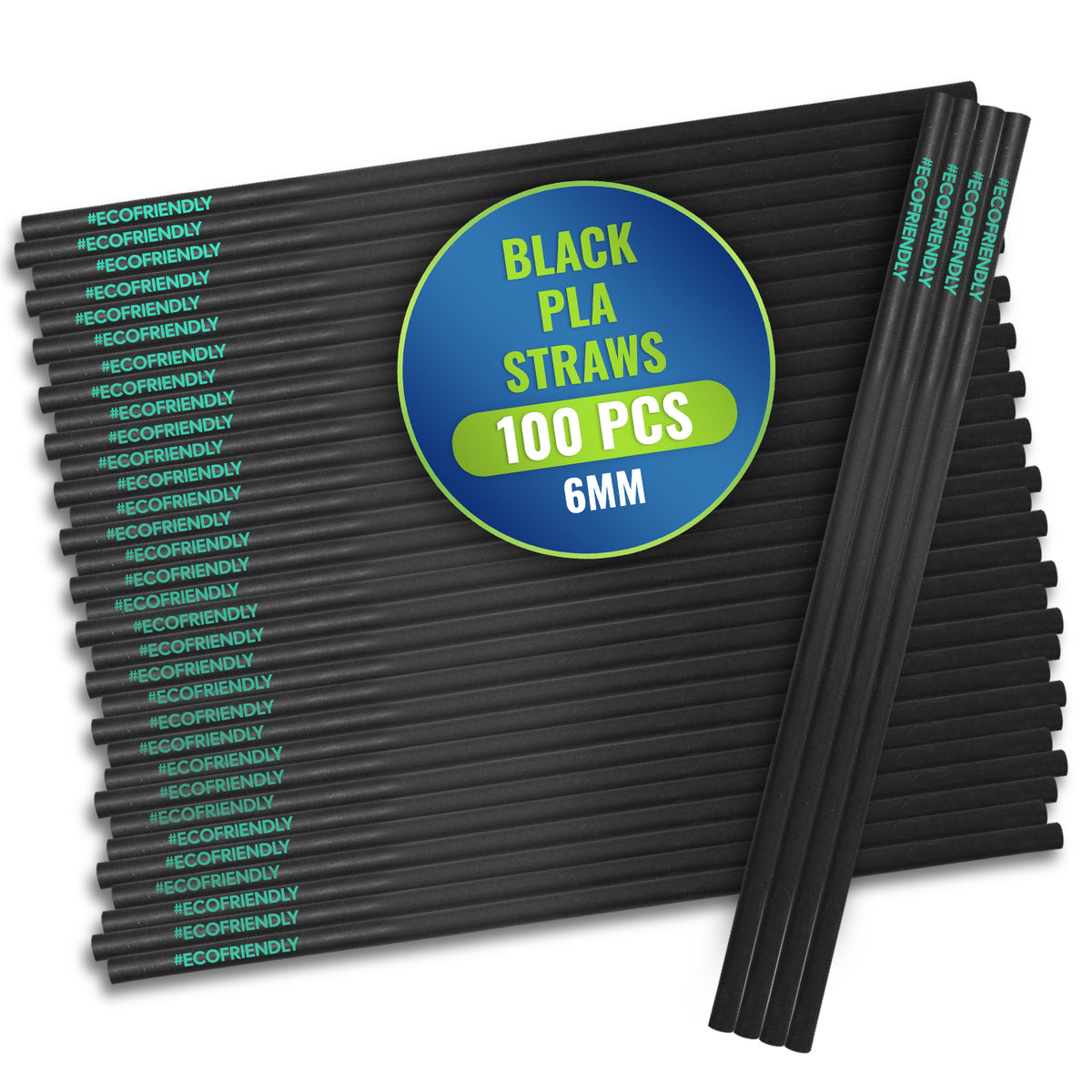 PLA Black Green Printed Straws – 6mm & 8mm (Individually Wrapped, 200mm Length) – 100 PCS Each