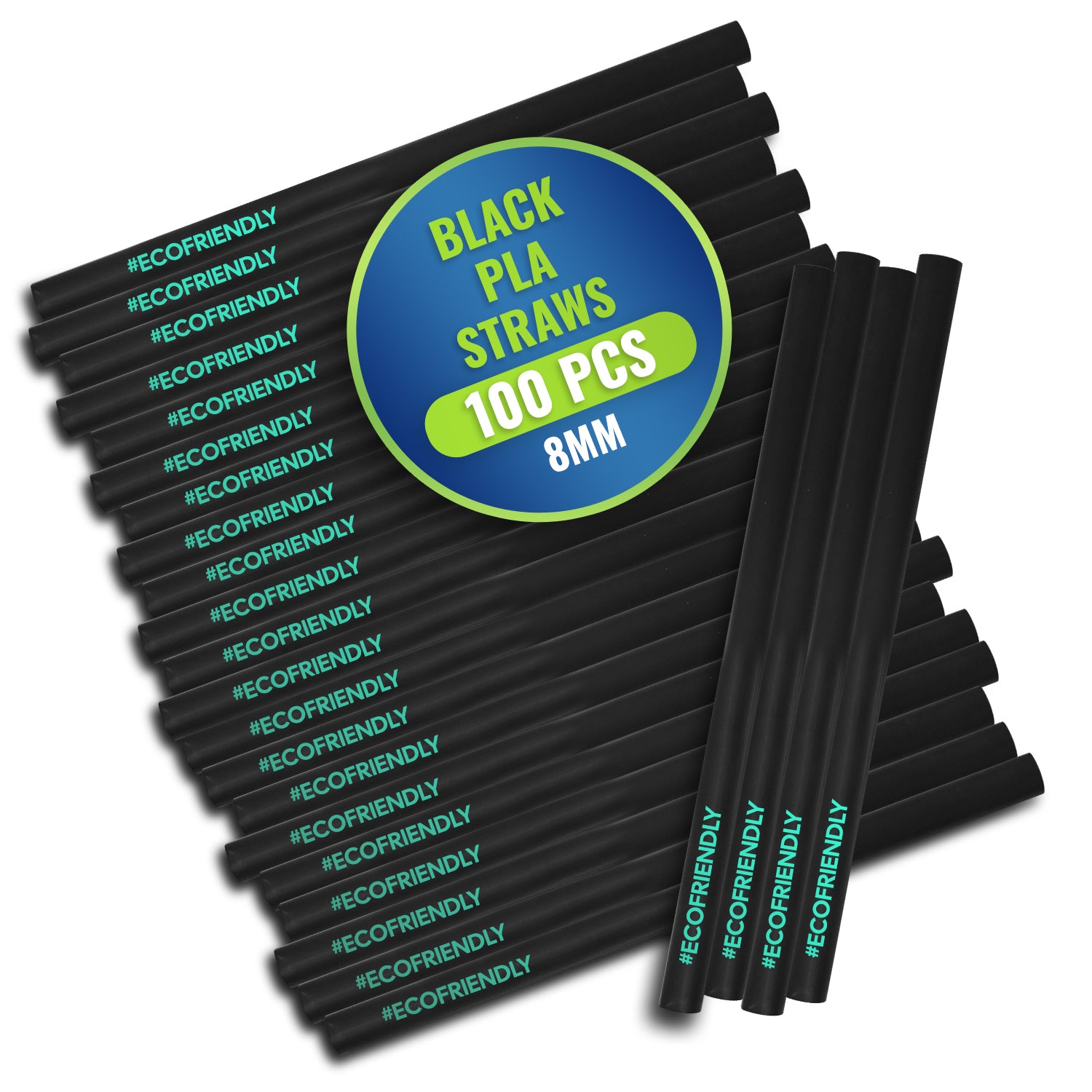 PLA Black Green Printed Straws – 6mm & 8mm (Individually Wrapped, 200mm Length) – 100 PCS Each