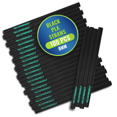 PLA Black Green Printed Straws – 6mm & 8mm (Individually Wrapped, 200mm Length) – 100 PCS Each