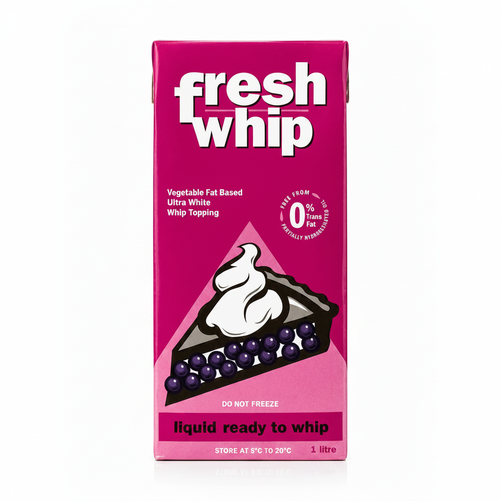 A 1 litre carton of Fresh Whip liquid ready to whip, featuring a vibrant magenta-pink box with white branding and an illustration of a berry pie slice topped with whipped cream.