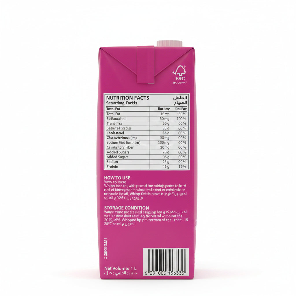 The back of a 1-liter carton in a bright magenta-pink color, displaying detailed nutrition facts, usage instructions, and a barcode in English and Arabic.