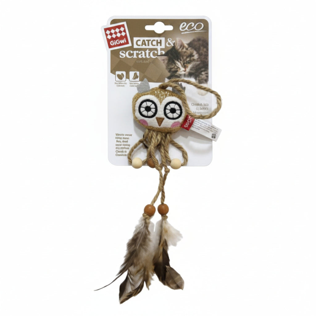 GIGWI Owl Catch & Scratch Eco line with Slivervine Leaves and Natural Feather