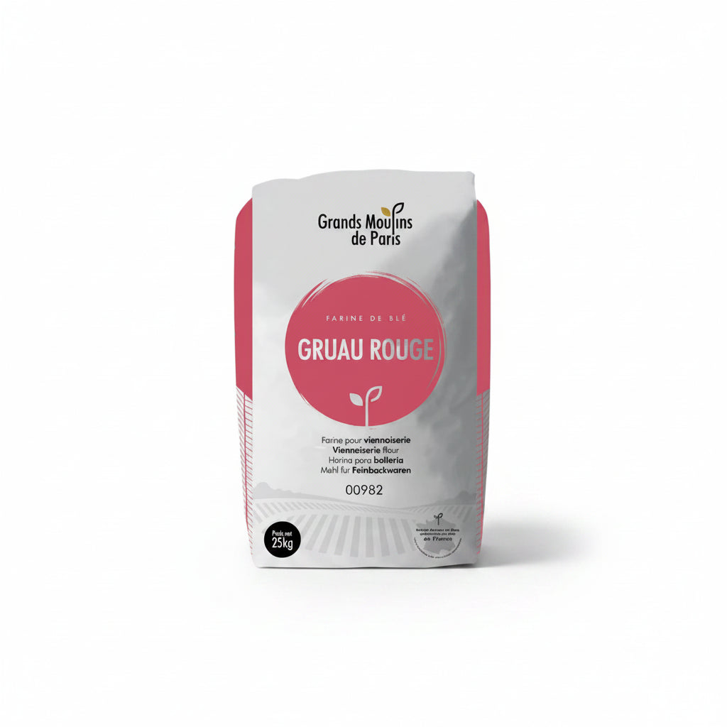 Bag of Grands Moulins de Paris Gruau Rouge flour on a white background