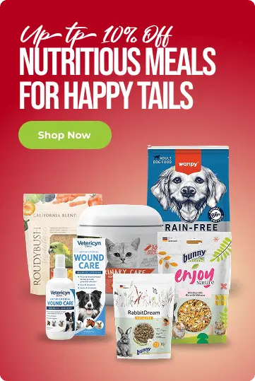 Promotional image with pet care products and text on a red background
