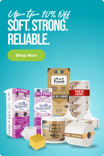 Assorted toilet paper products with promotional text on a blue background
