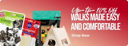 Pet product packages with promotional text on a red background
