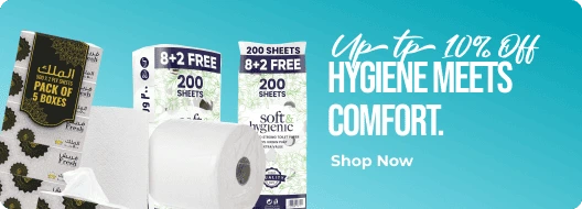 Packaging of toilet paper with promotional text on a blue background