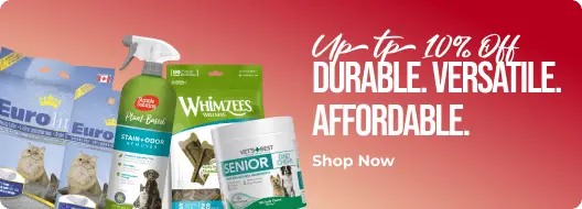 Dog care products with promotional text on a red background
