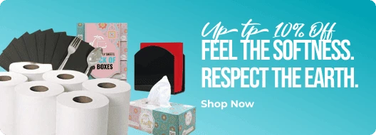 Promotional banner with toilet paper, tissues, and a box of tissues on a blue background with text about a discount offer.