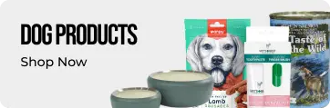 Dog products including bowls, a bag of dog food, and a container with a dog illustration on a white background.
