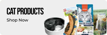 Cat products including a litter box, treats, and food packaging on a white background with 'Cat Products Shop Now' text.
