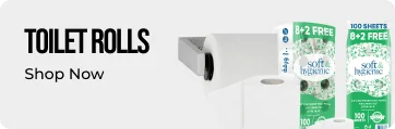 Advertisement for toilet rolls with a roll of toilet paper and two boxes of toilet paper on a white background.