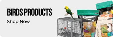 Bird products including a cage, food, and toys with text 'Birds Products Shop Now' on a white background.
