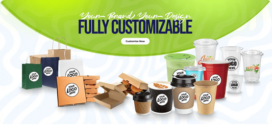 Promotional image of customizable branded products including cups, boxes, and packaging with a green banner at the top.